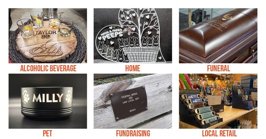 Various engraved items from different businesses
